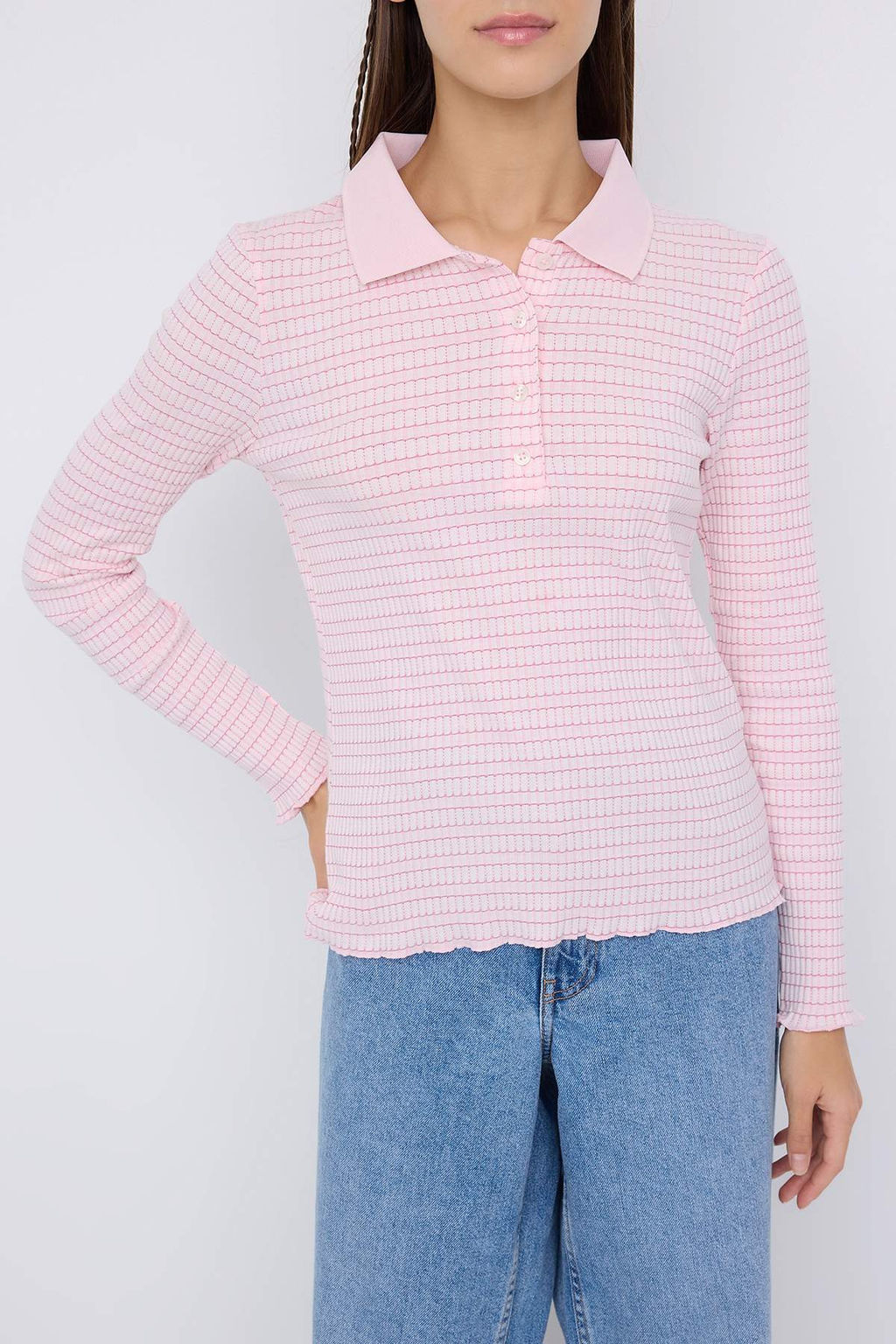 Pembe Fitted/Vucuda Oturan Uzun Kollu Polo Yaka Yar?m Partl? Jakarl? Esnek Orme Bluz TWOAW26BZ00114 - Trendyolmilla фото 7