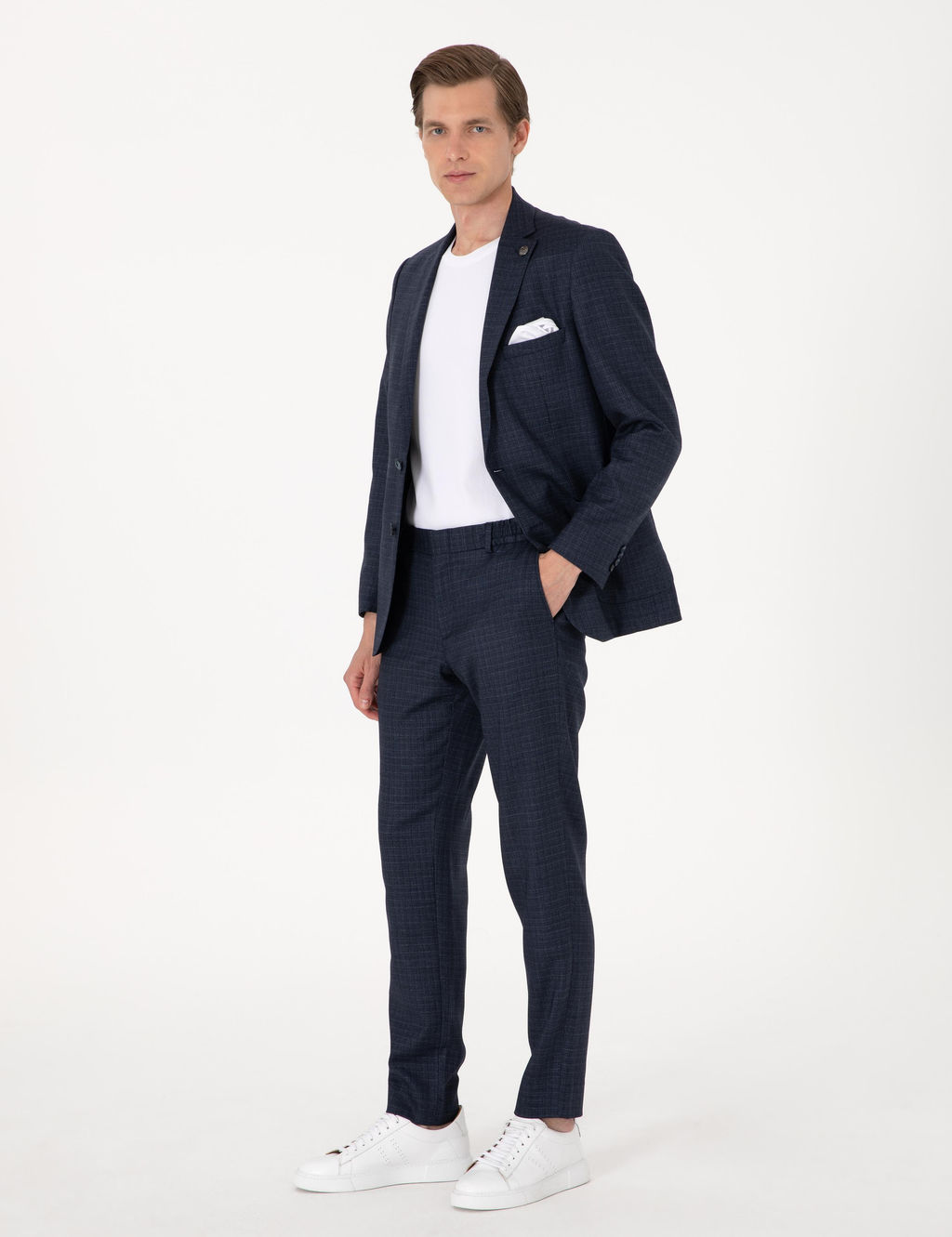 Lacivert Ex. Slim Fit Y_n Kar___ml_ Ekose Tak_m Elbise