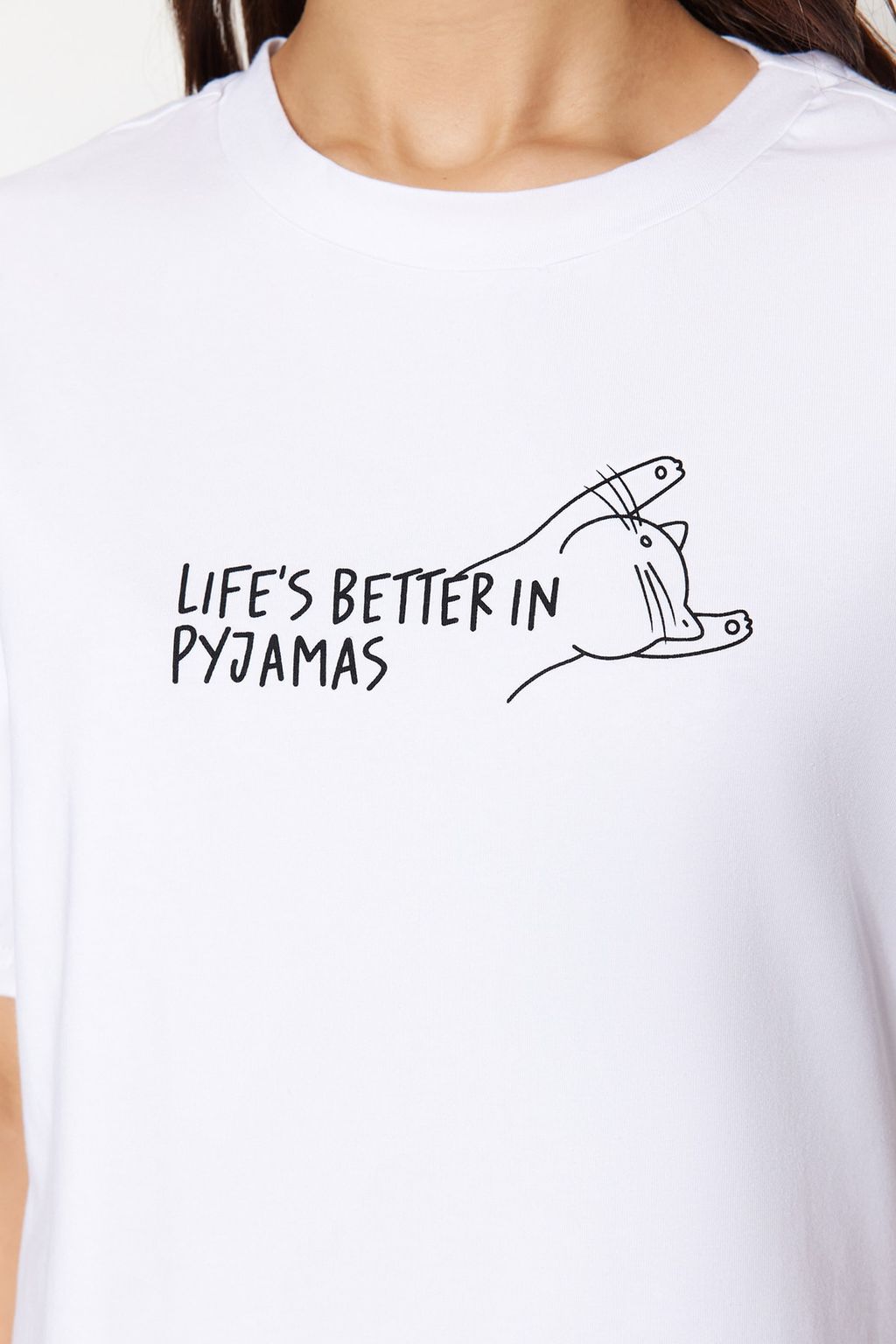 Trendyolmilla Ac?k Mavi Pamuklu Cizgili Slogan Bask?l? Sortlu Orme Pijama Tak?m? THMSS23PT00228  фото 4