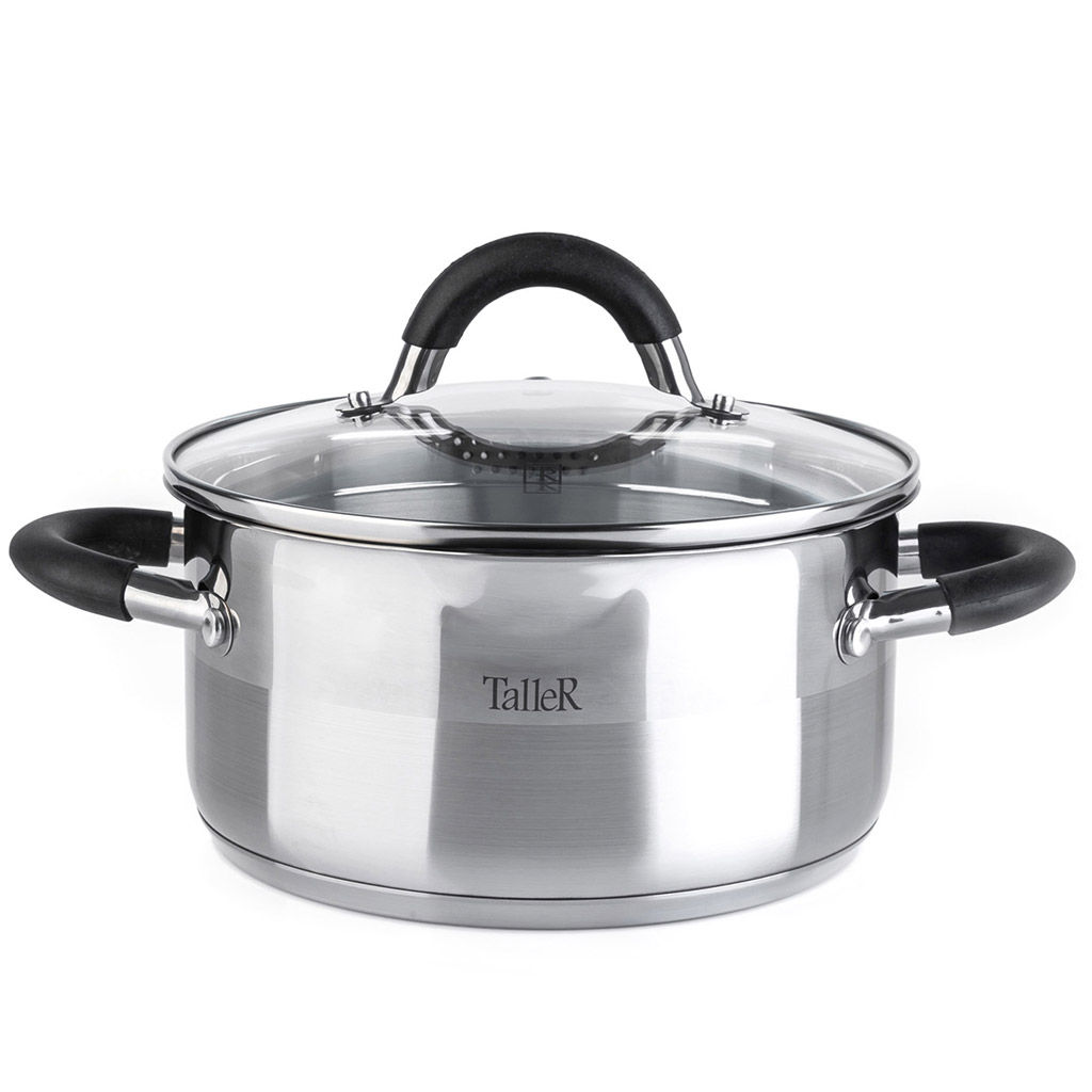Кастрюля из нержавеющей стали Телфорд 3,1л, д20см, h10см, s0,6мм, дно s2,8мм, стеклянная жаропрочная крышка, широкий металлический ободок с отверстиями для слива жидкости, пароотвод, ручки из нержавеющей стали с силиконовыми вставками, капсулирован
