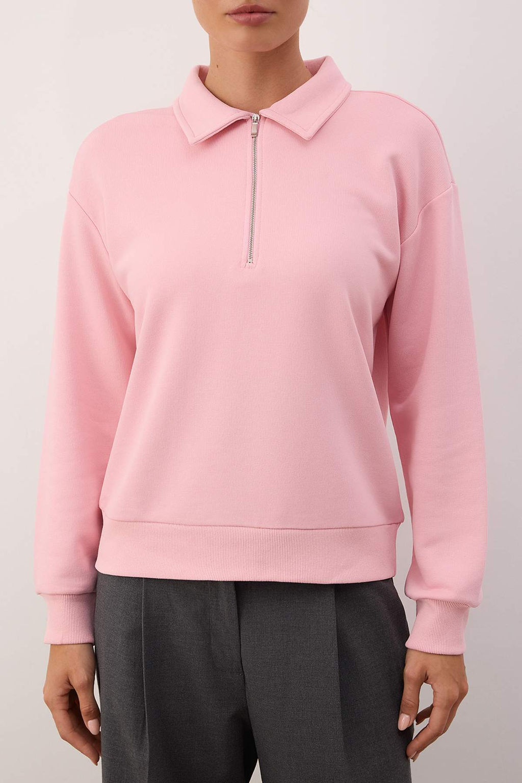 Ac?k Pembe Yar?m Pat Fermuarl? Regular/Normal Kal?p Orme Sweatshirt TWOAW26SW00108