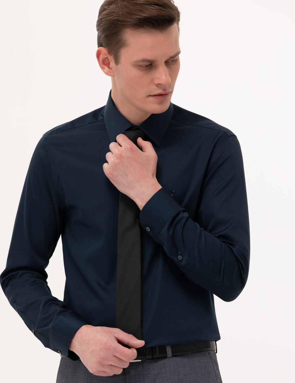 Lacivert %100 Pamuk Parlak Saten Slim Fit Uzun Kollu Basic G_mlek