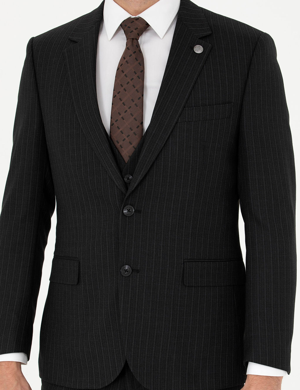 Siyah Slim Fit _izgili Yelekli Tak_m Elbise