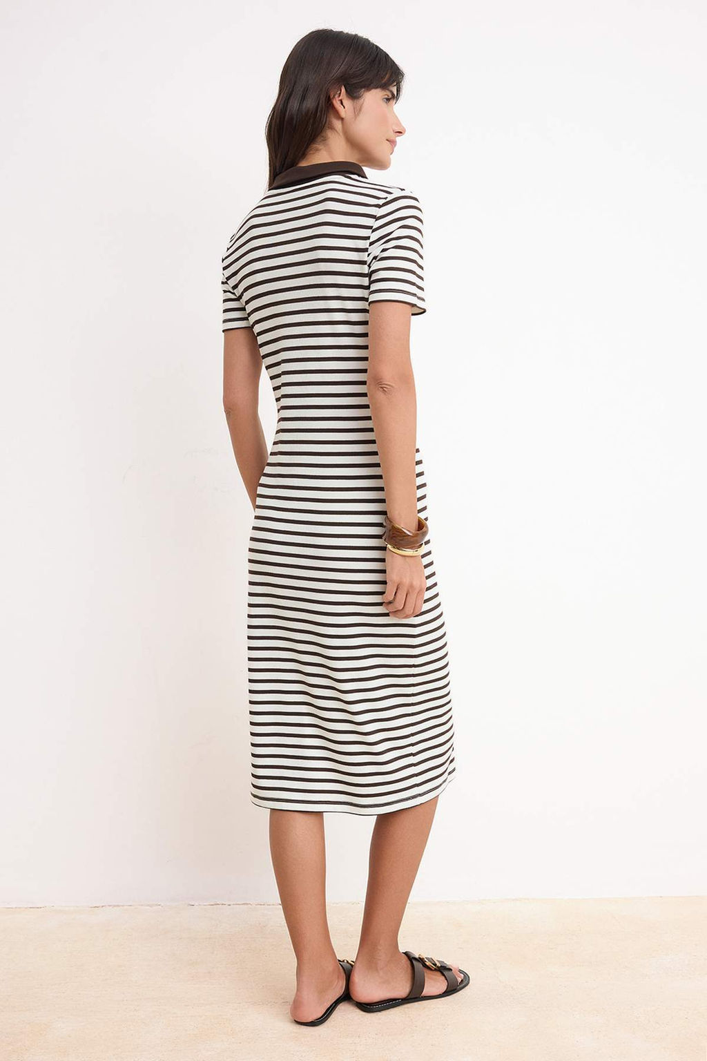 Kahverengi Cizgili Polo Yaka Midi Esnek Orme Elbise TWOSS25EL00360