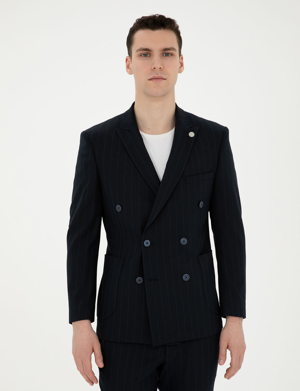 Lacivert Ekstra Slim Fit _izgili Kruvaze Tak_m Elbise