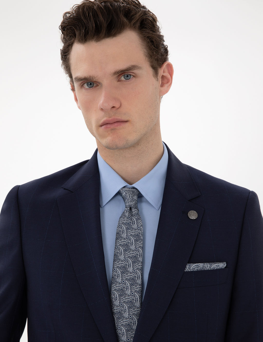 Lacivert Slim Fit %100 Y_n Ekose Tak_m Elbise