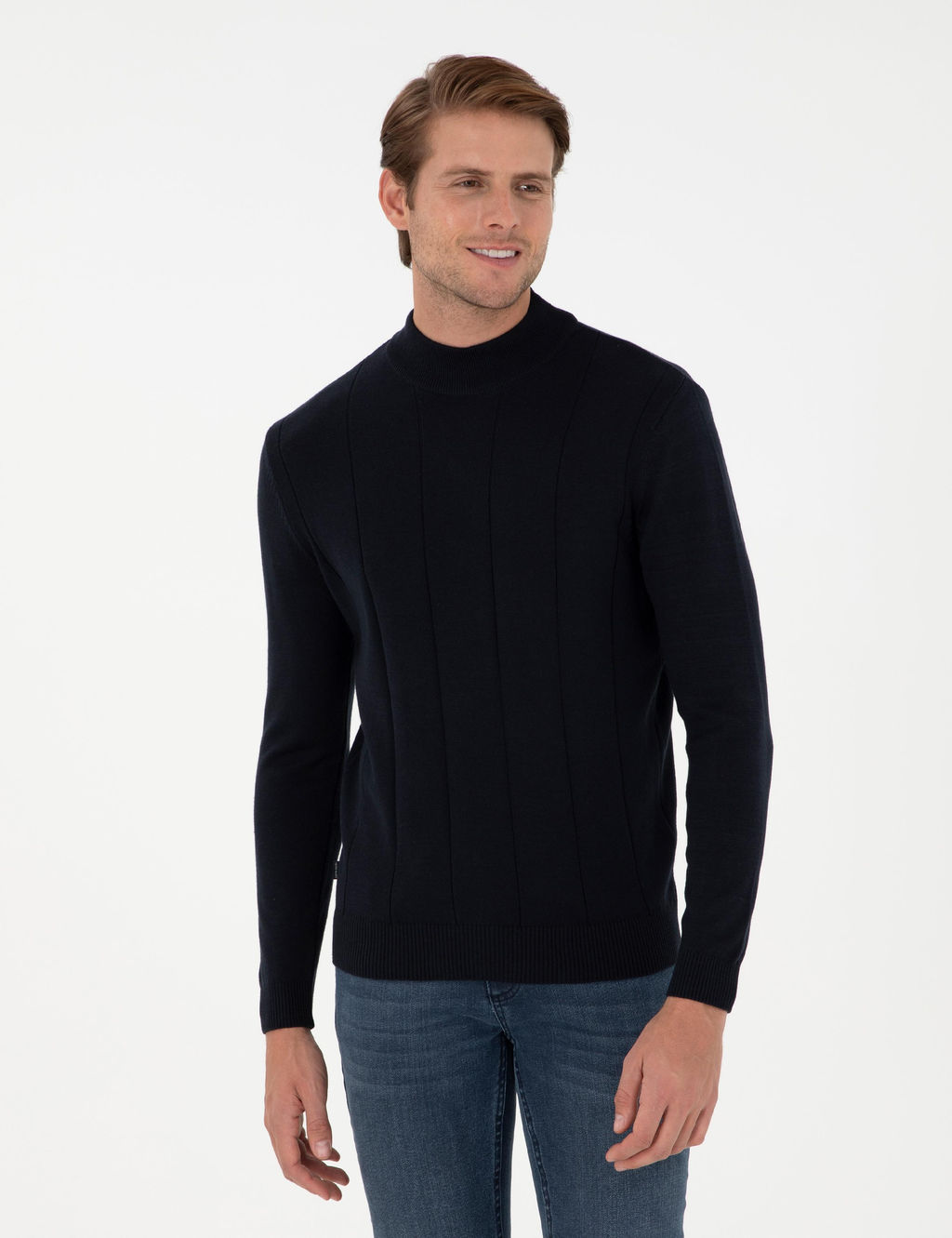 Lacivert Slim Fit Yar_m Bal_k__ Yaka Triko Kazak
