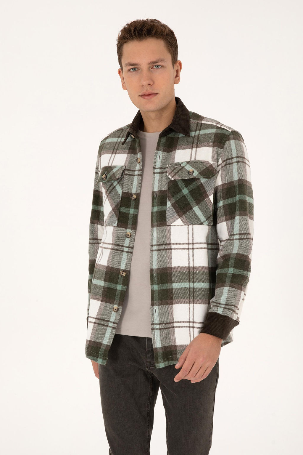 Erkek A__k Haki Uzun Kollu G_mlek