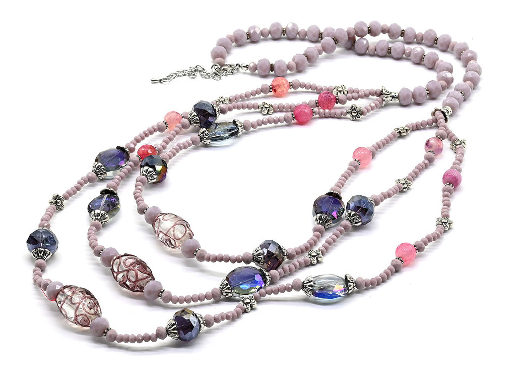 Колье длинное из циркона 3нити цвет сиреневый, 88см