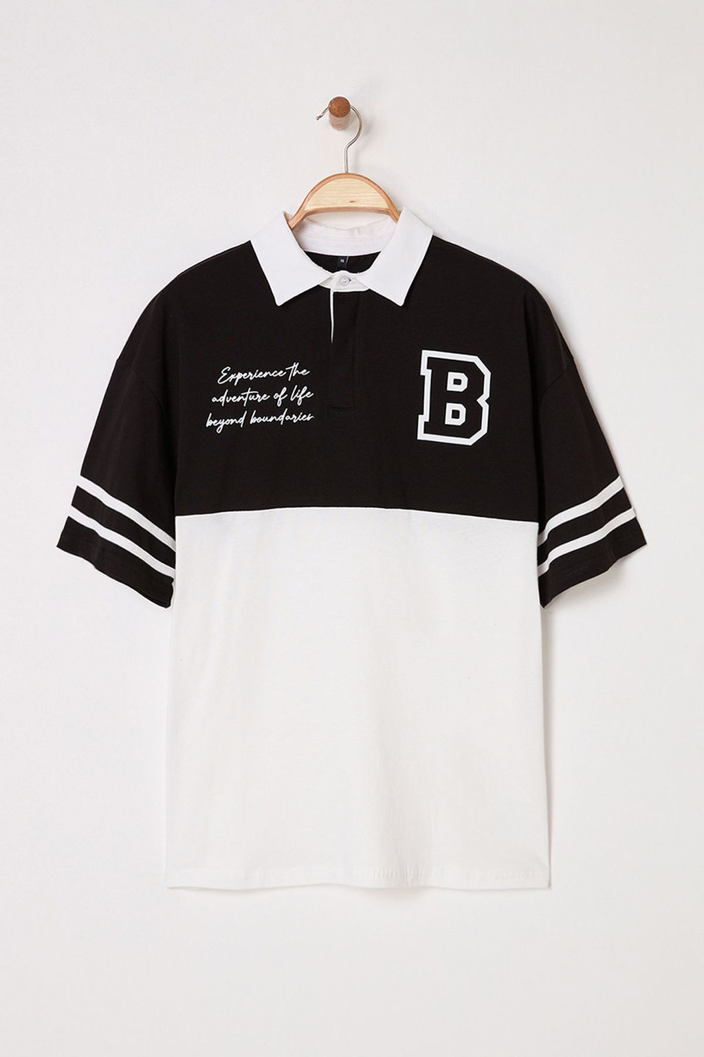 TRENDYOL MAN Siyah Oversize/Genis Kesim Renk Bloklu Brooklyn Bask?l? Polo Yaka T-shirt TMNSS25PO00029 - Trendyolmilla фото 7