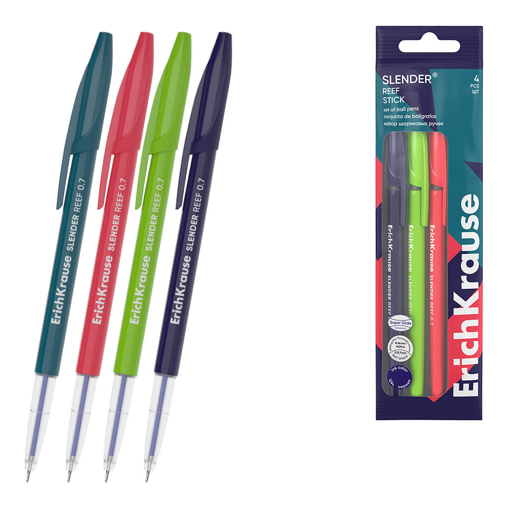 Цена за 12 шт. Набор из 4 ручек шариковых ErichKrause Slender® Stick Reef 0.7, Super Glide Technology, цвет чернил синий (в пакете)