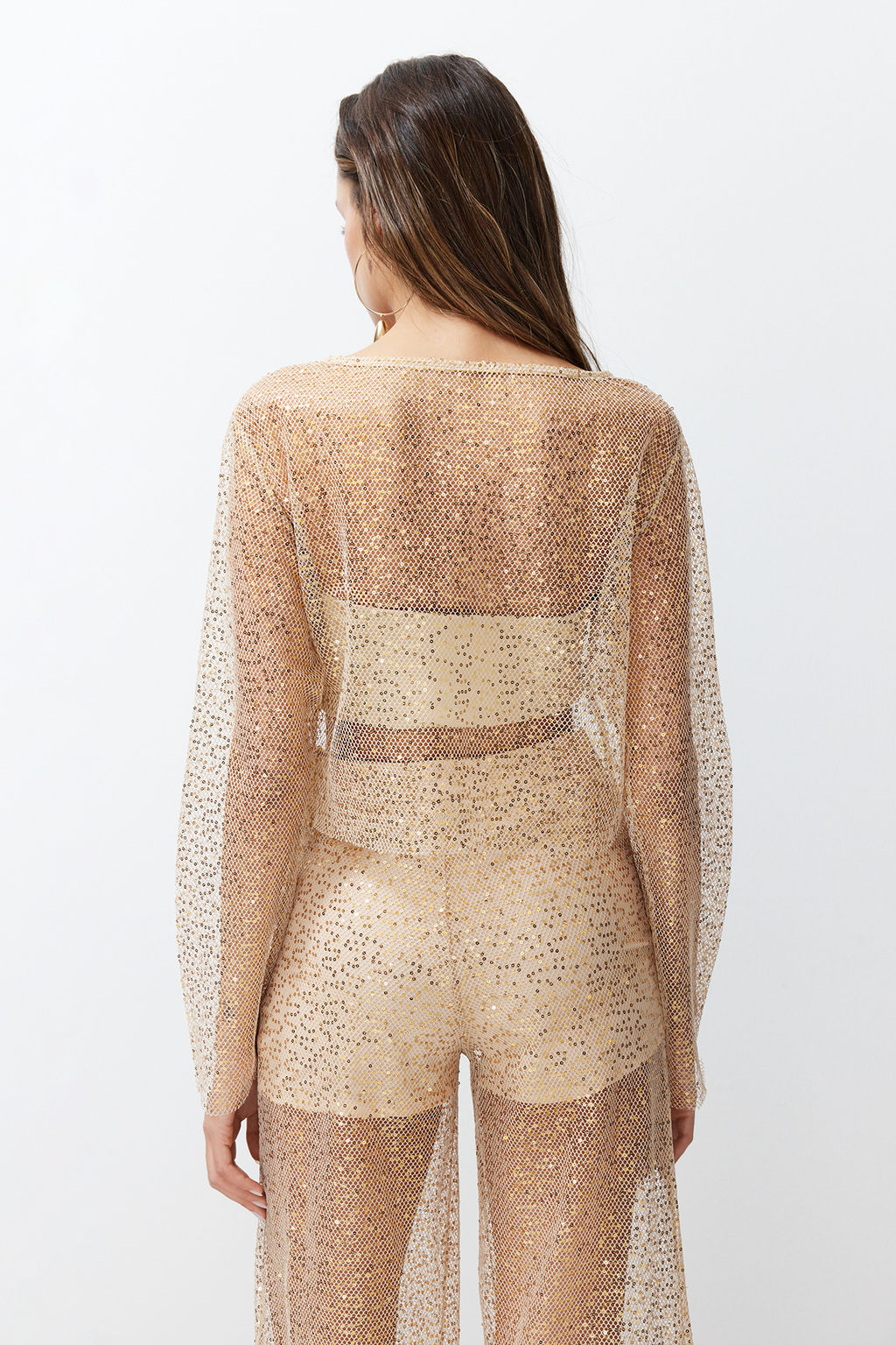 Bej Crop Astars?z Par?lt?l? Payetli Orme File Bluz TPRSS24BZ00009 - Trendyolmilla фото 6