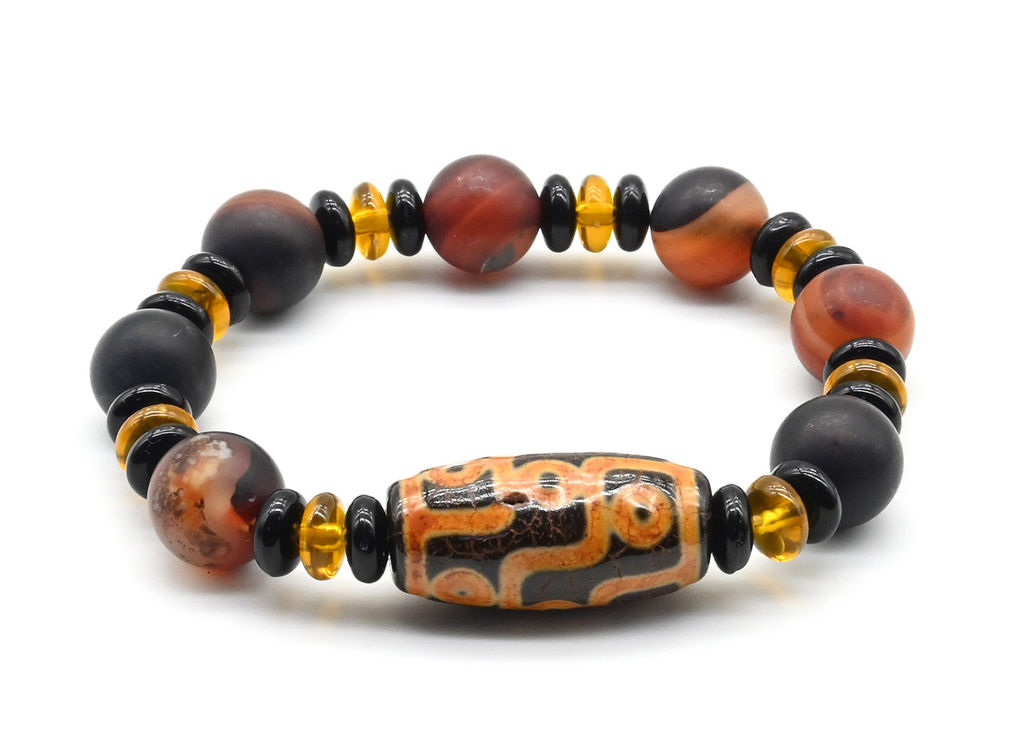 Браслет с бусиной дзи Девять глаз бочонок 14*30мм с сардониксом матовым шарик 12мм