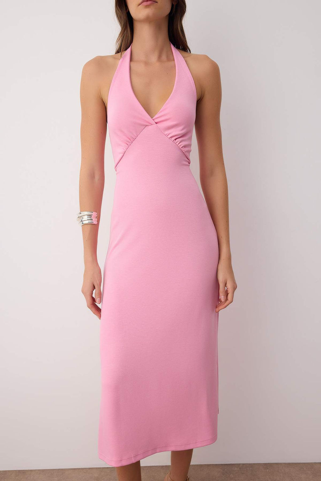 Pembe Boyundan Gecmeli Baglama Detayl? Esnek Duz Midi Orme Elbise TWOSS25EL00902 - Trendyolmilla фото 3
