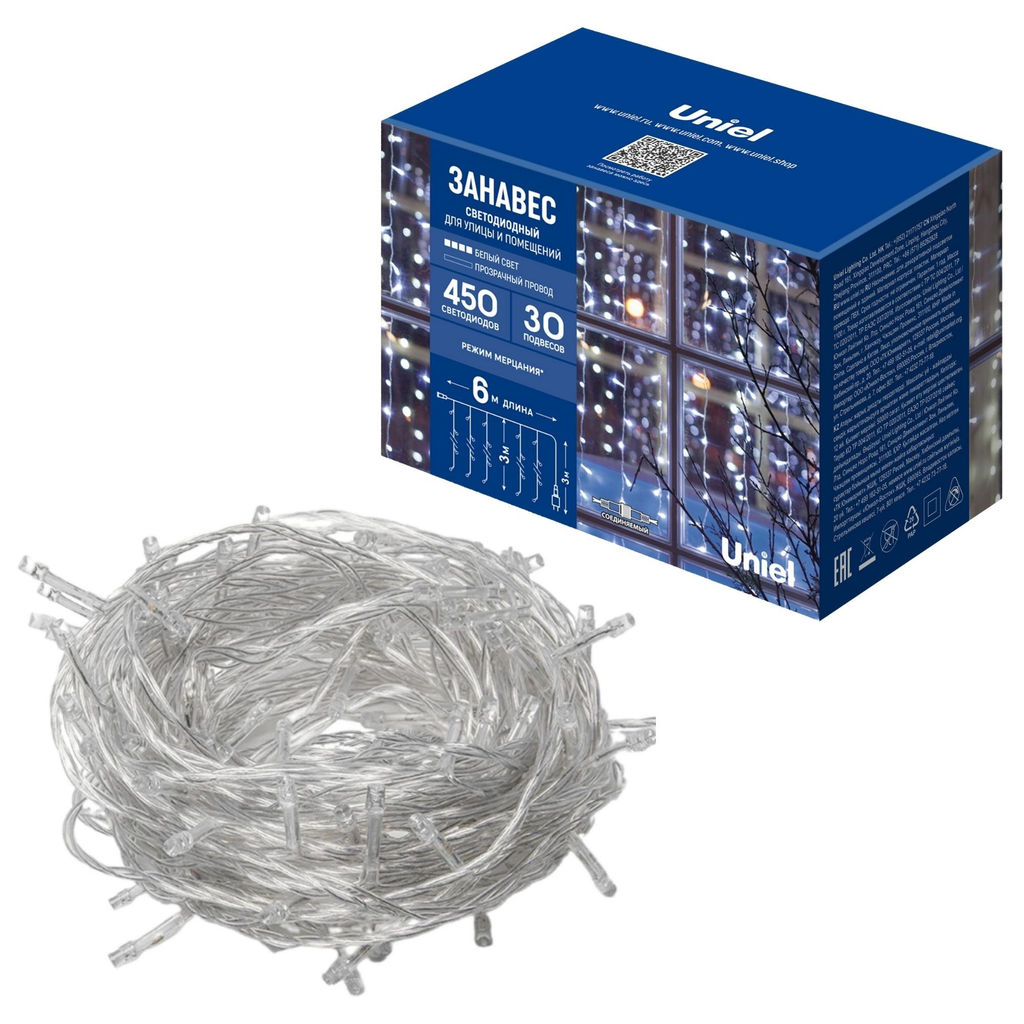 ULD-C6030-450/TTK WHITE IP44 Занавес светодиодный с эффектом мерцания, 6х3м. Соединяемый. 450 светодиодов. Белый свет. Провод прозрачный. TM Uniel - Volpe фото 8