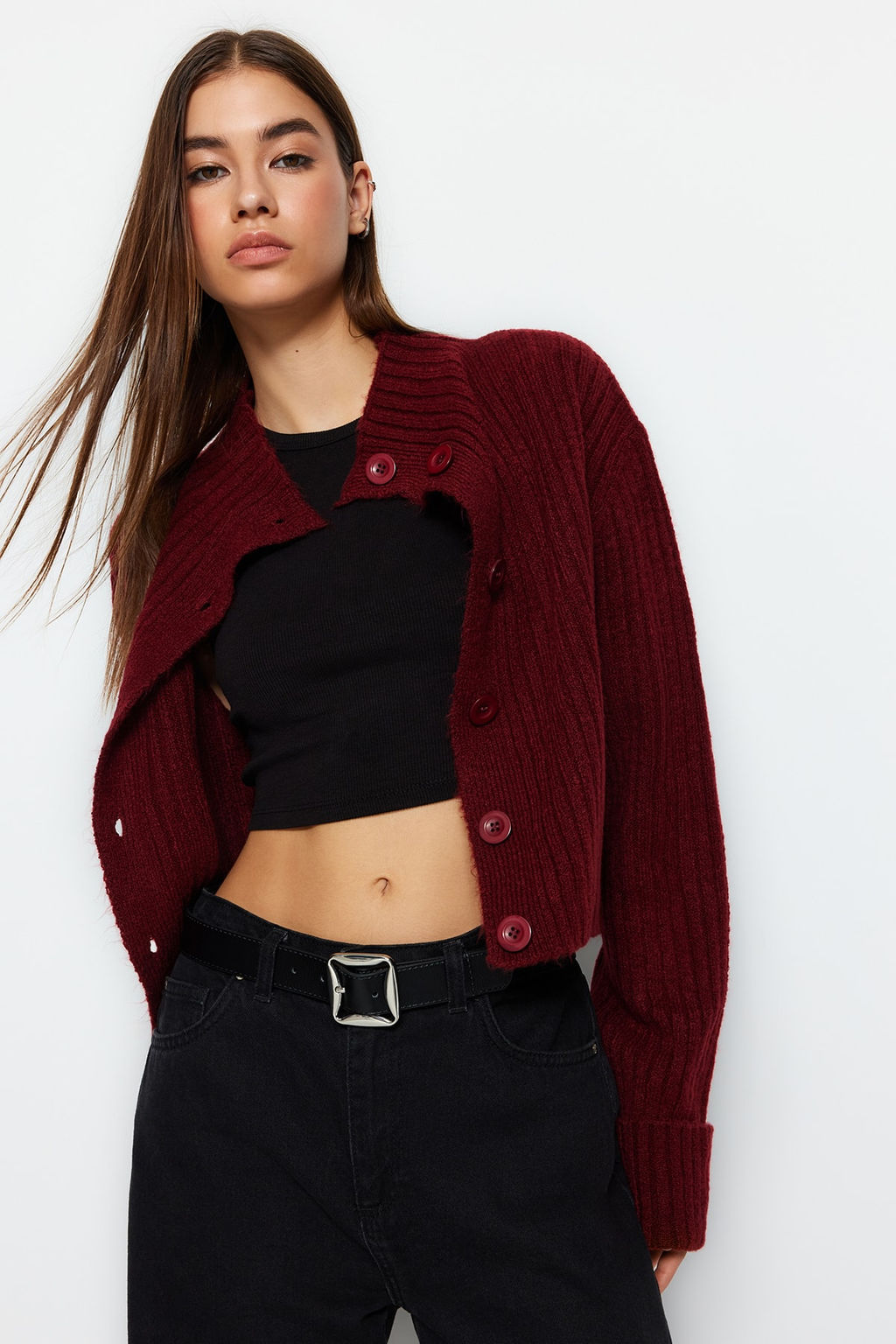 Bordo Crop Yumusak Dokulu Dik Yaka Triko H?rka TWOAW22HI0174