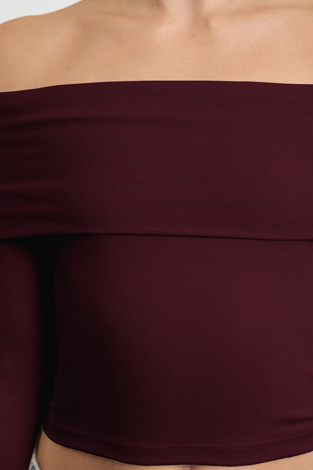 Bordo Carmen Yaka Fitted/Vucuda Oturan Crop Esnek Orme Bluz TWOAW25BZ00008