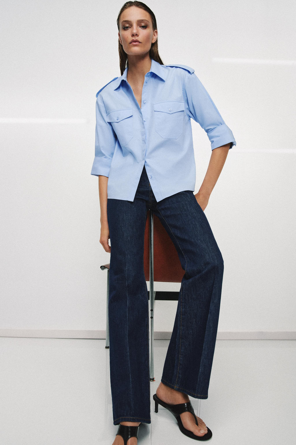 CAMISA POPEL?N BOLSILLOS ZW COLLECTION / Azul claro - Zara фото 3