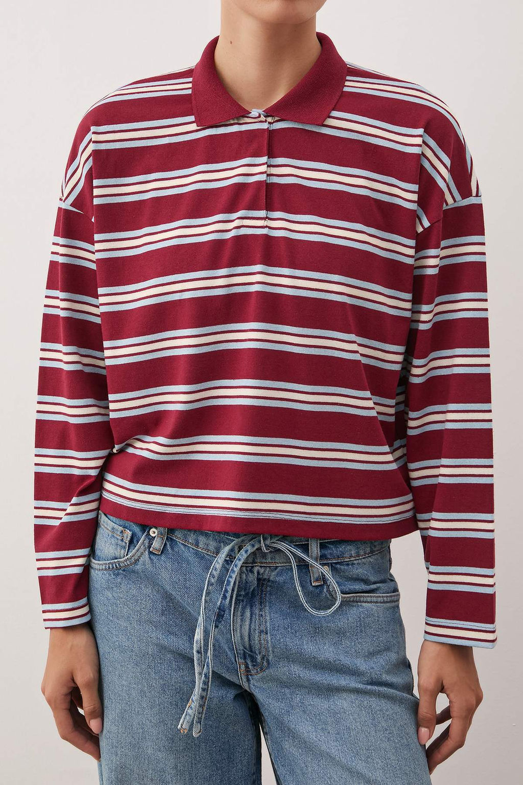 Bordo Cizgili Polo Yaka Oversize/Genis Kal?p Orme T-Shirt TWOAW26TS00020