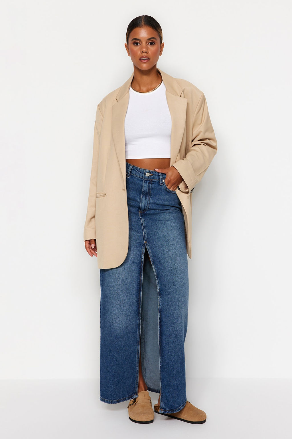 TRENDYOLMILLA Mavi More Sustainable Y?rtmacl? Maxi Denim Etek TWOAW24ET00058  фото 8