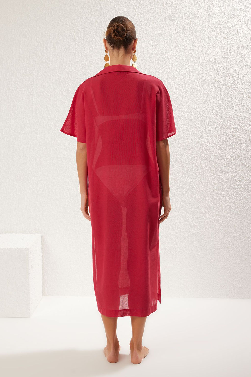 Trendyolmilla Fusya Maxi Dokuma %100 Pamuk Nak?sl? Plaj Elbisesi TBESS25EL00026  фото 6