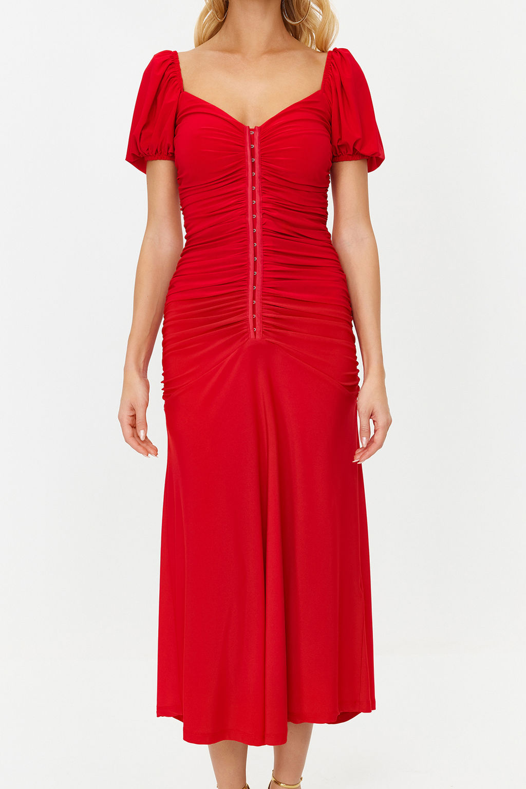 K?rm?z? Vucuda Oturan Agrafl? Orme S?k Abiye Elbise TPRSS23EL00084