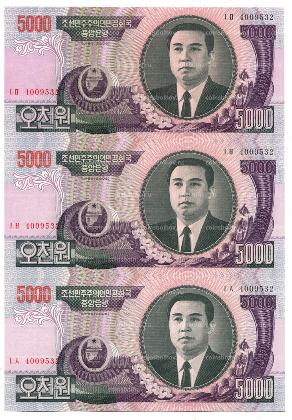 Банкнота 5000 вон 2006 года Северная Корея Лист из трех банкнот