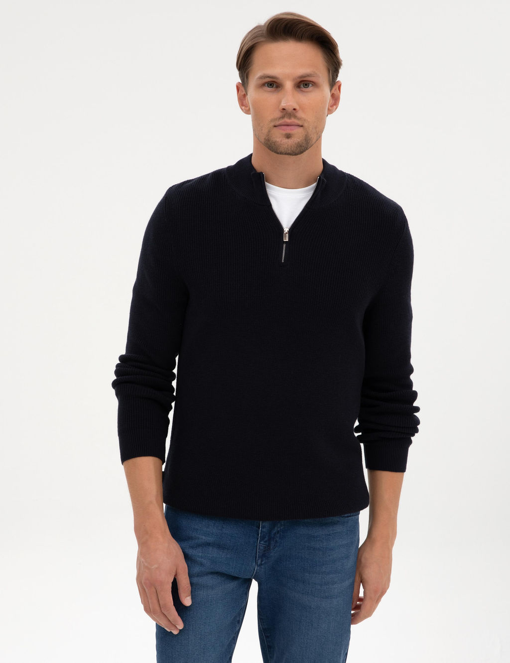Lacivert Slim Fit Dik Yaka Fermuarl_ Triko Kazak