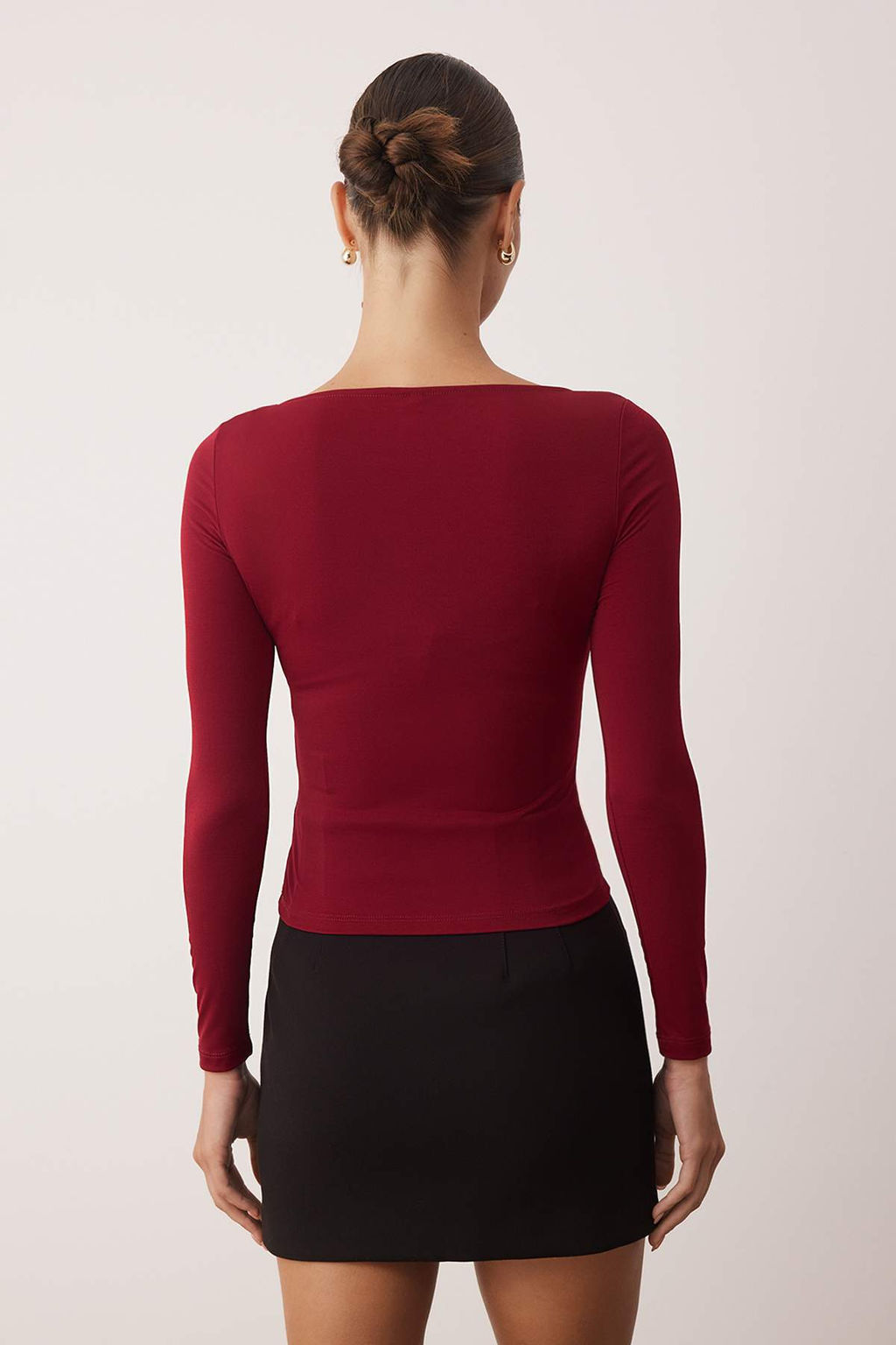 Bordo Fitted/Vucuda Oturan Aksesuar/Cut out Detayl? Uzun Kollu Esnek Orme Bluz TWOAW26BZ00130