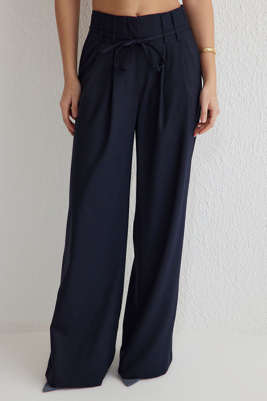 TRENDYOLMILLA Bej Kemerli Wide Leg/Genis Paca Dokuma Pantolon Pantolon TWOSS25PL00031 фото 3