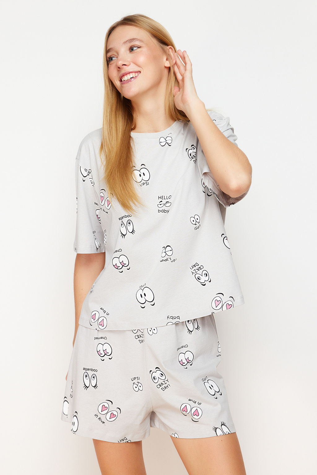 Trendyolmilla Gri %100 Pamuklu Eglence Desenli Sortlu Orme Pijama Tak?m? THMSS24PT00024