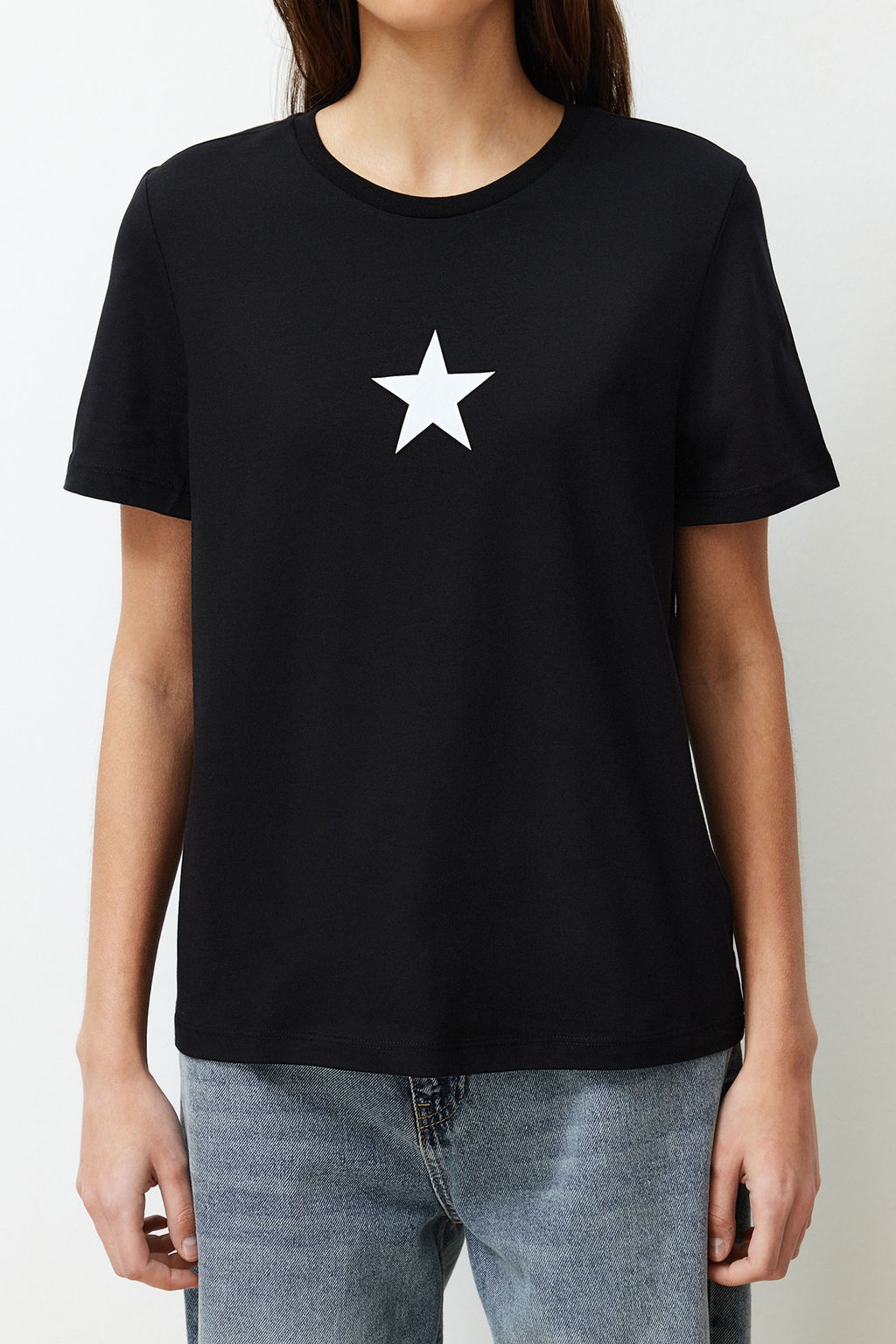 TRENDYOLMILLA Antrasit %100 Pamuk Y?ld?z Bask?l? Regular/Normal Kal?p Bisiklet Yaka Orme T-Shirt TWOSS24TS00095  фото 15