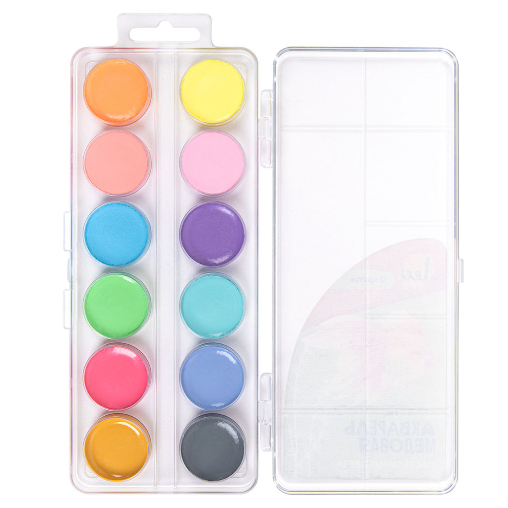 Краска акварель Лео Ярко медовые, без кисти (пастельная) в пластиковой упаковке с европодвесом LBPW-0112 12 цв. пастельные цвета