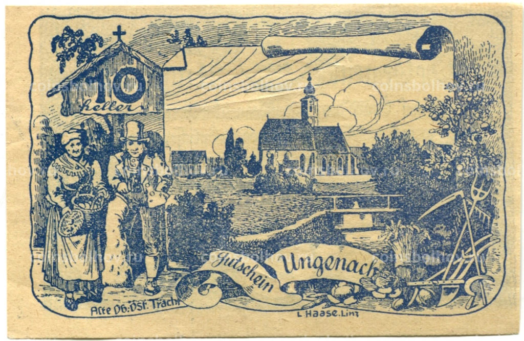 Банкнота 10 геллеров 1920 года Австрия Унгенах (нотгельд)