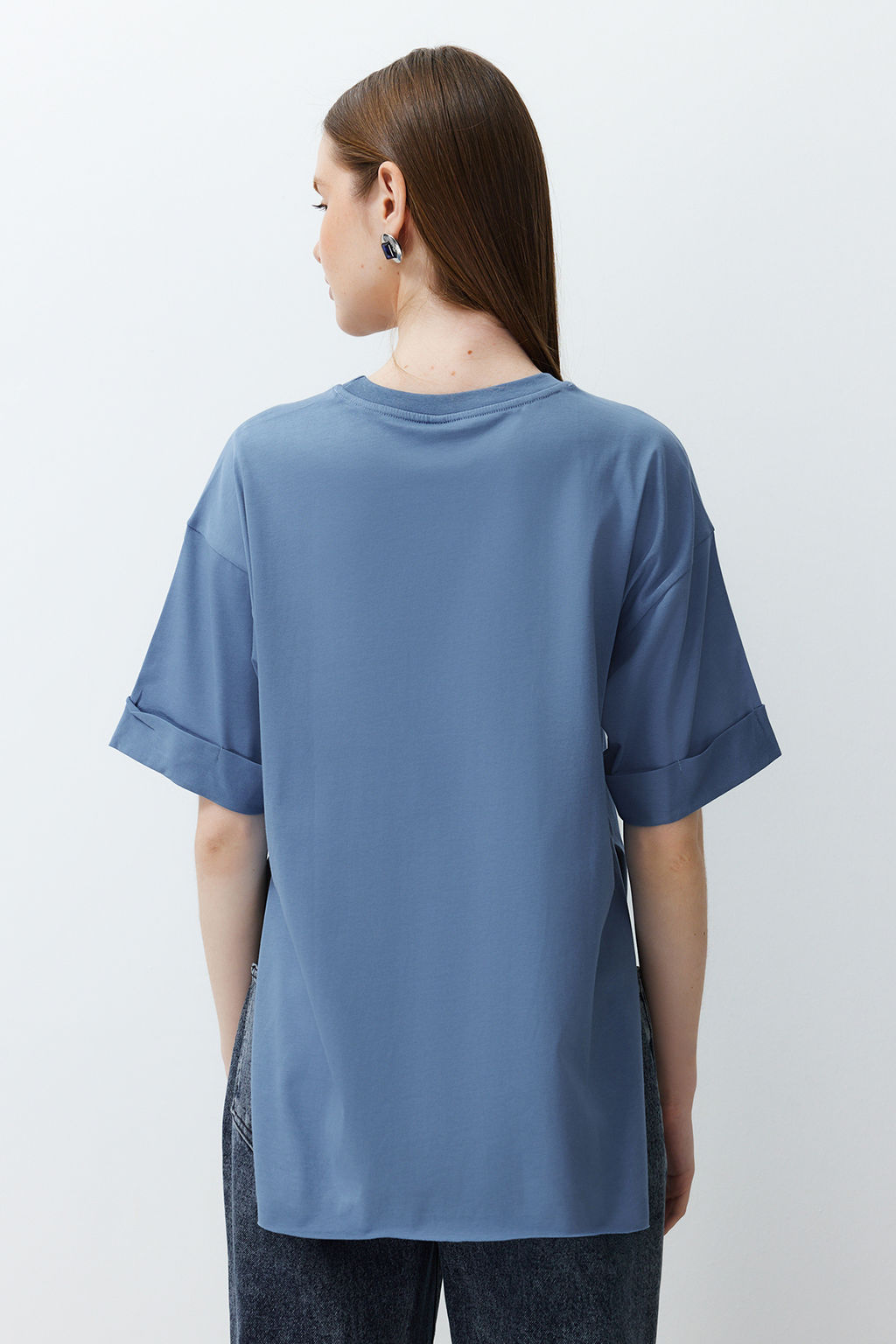 Indigo %100 Pamuk Duble Kol Asimetrik Boyfriend Orme T-Shirt TWOSS20TS0828