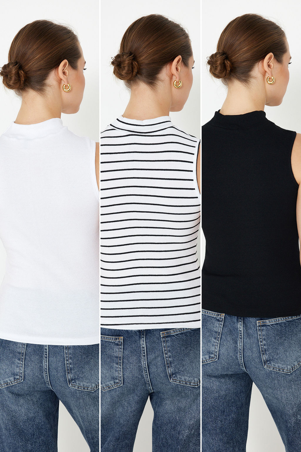 Siyah-Beyaz-Cok Renkli 3Lu Paket Fitted/Vucuda Oturan Fitilli Esnek Orme Bluz TWOSS24BZ00560 - Trendyolmilla фото 2