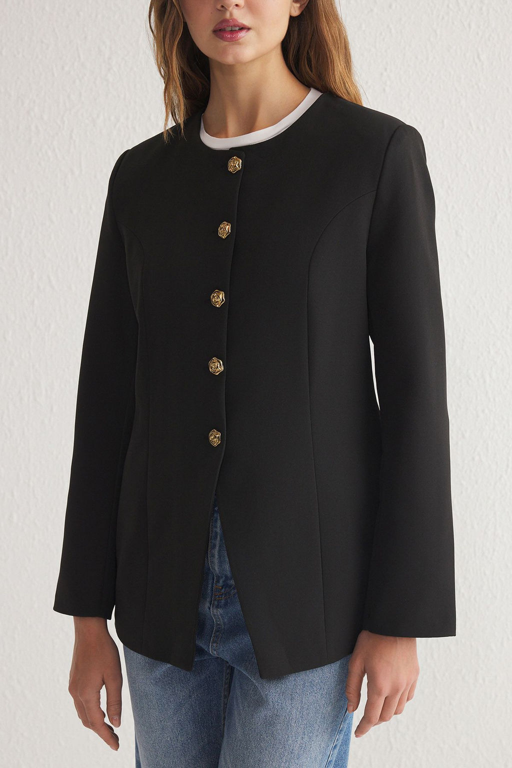 Siyah Vatkal? Bisiklet Yaka Dokuma Blazer Ceket TWOSS25BC00008