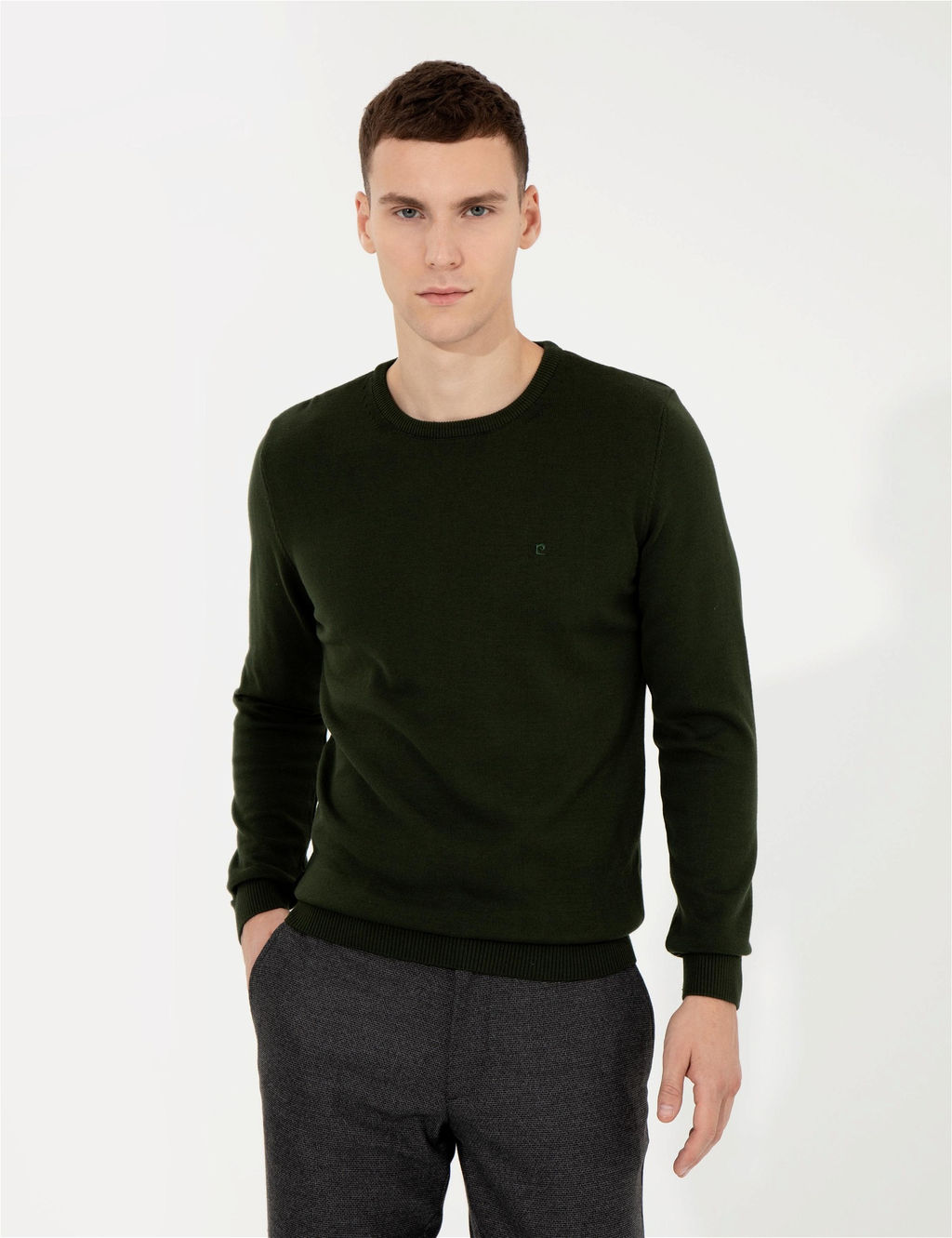 Koyu Ye_il Slim Fit Bisiklet Yaka Basic Triko Kazak