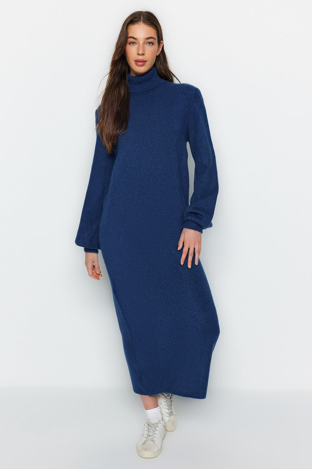 Indigo Midi Triko Yumusak Dokulu Kazak Elbise TWOAW24EL00033