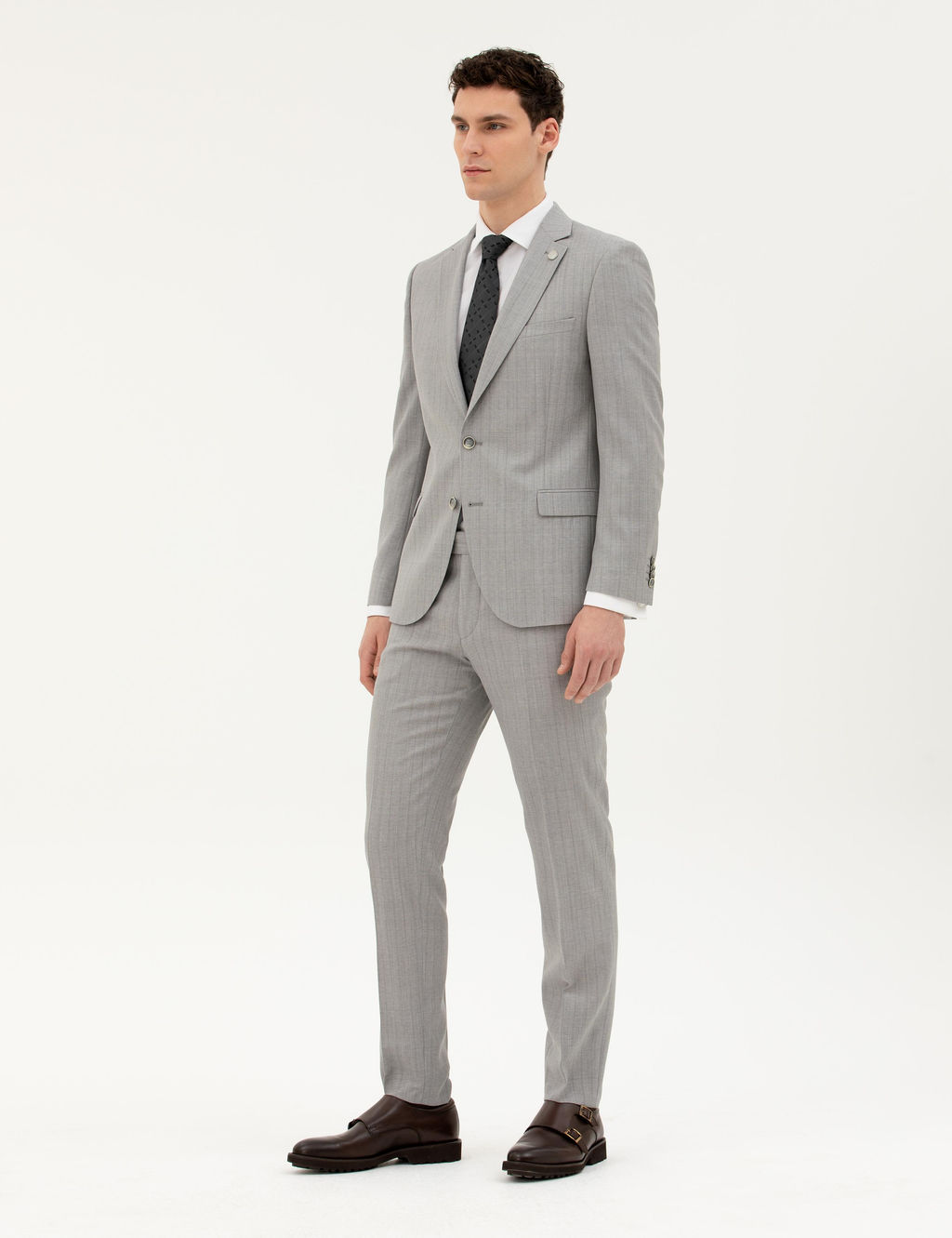 Gri Ex. Slim Fit %100 Y_n _izgili Tak_m Elbise