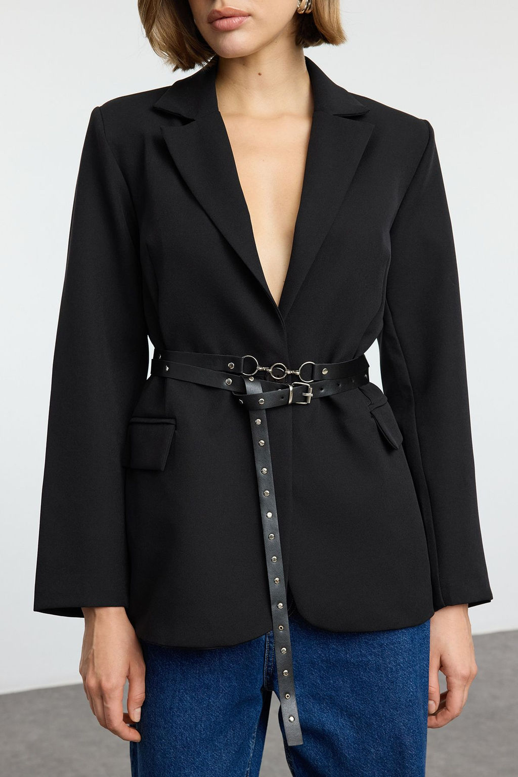 Siyah Kemerli Dokuma Blazer Ceket TWOAW25BC00031 - Trendyolmilla фото 3