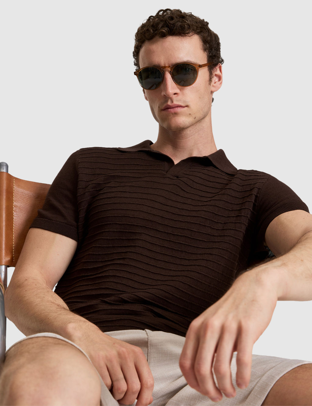 Koyu Kahverengi Slim Fit Keten Kar___ml_ Apa_ Yaka Triko Ti__rt