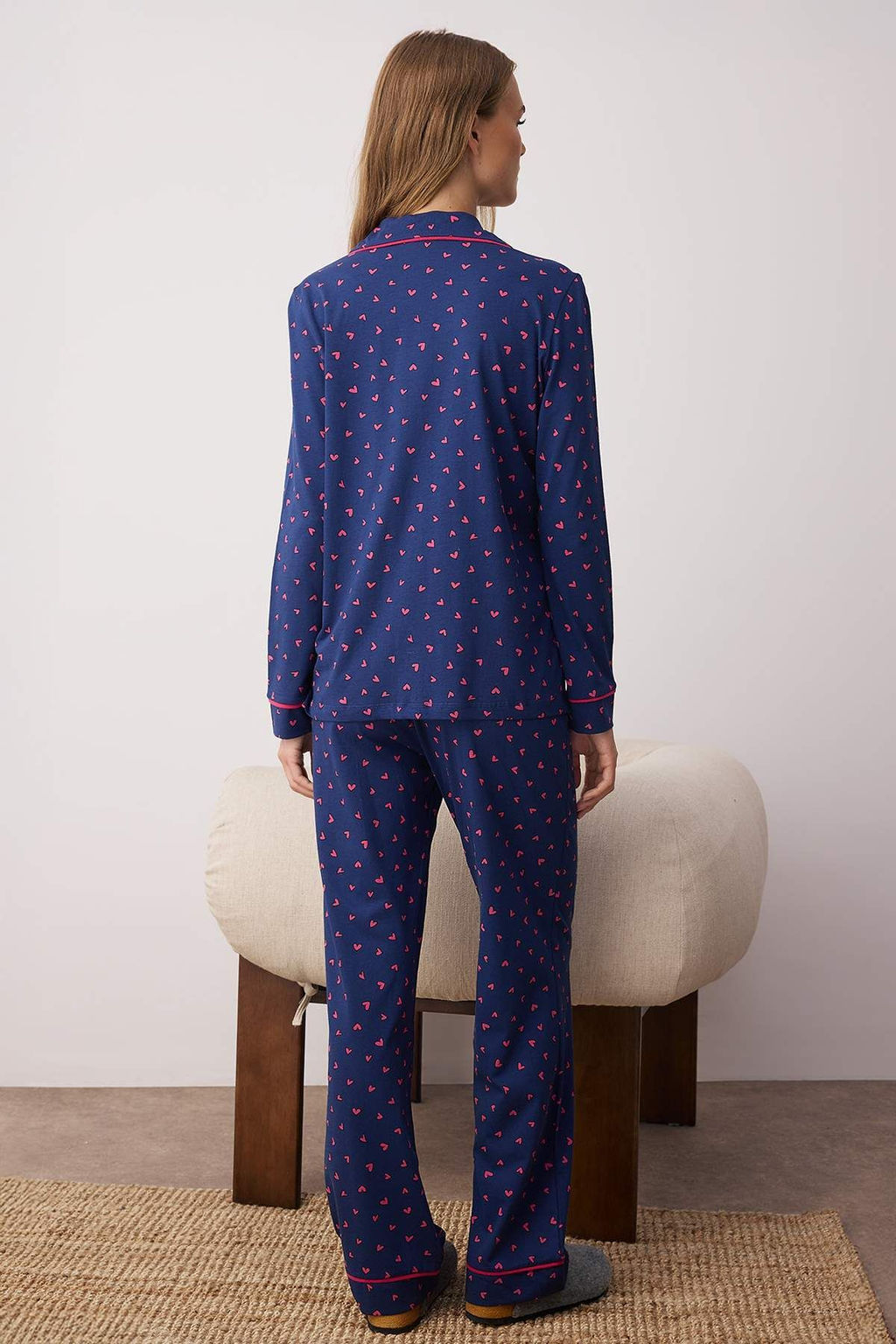 Trendyolmilla Lacivert %100 Pamuklu Kalpli Biyeli Orme Pijama Tak?m? THMAW24PT00103  фото 4