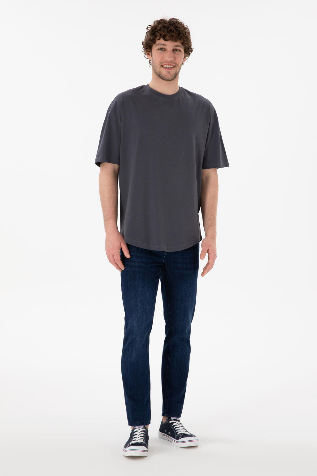 Erkek Long Fit Bisiklet Yaka Antrasit Basic Ti__rt Sepette S_rpriz _ndirim