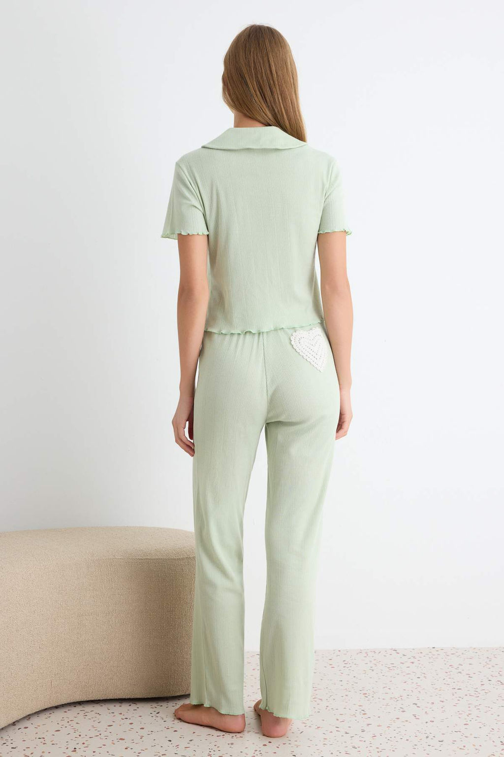 Mint %100 Pamuklu Kalpli Dantelli Pointel/Fitilli _rme Pijama Tak_m_ THMAW27PT00032