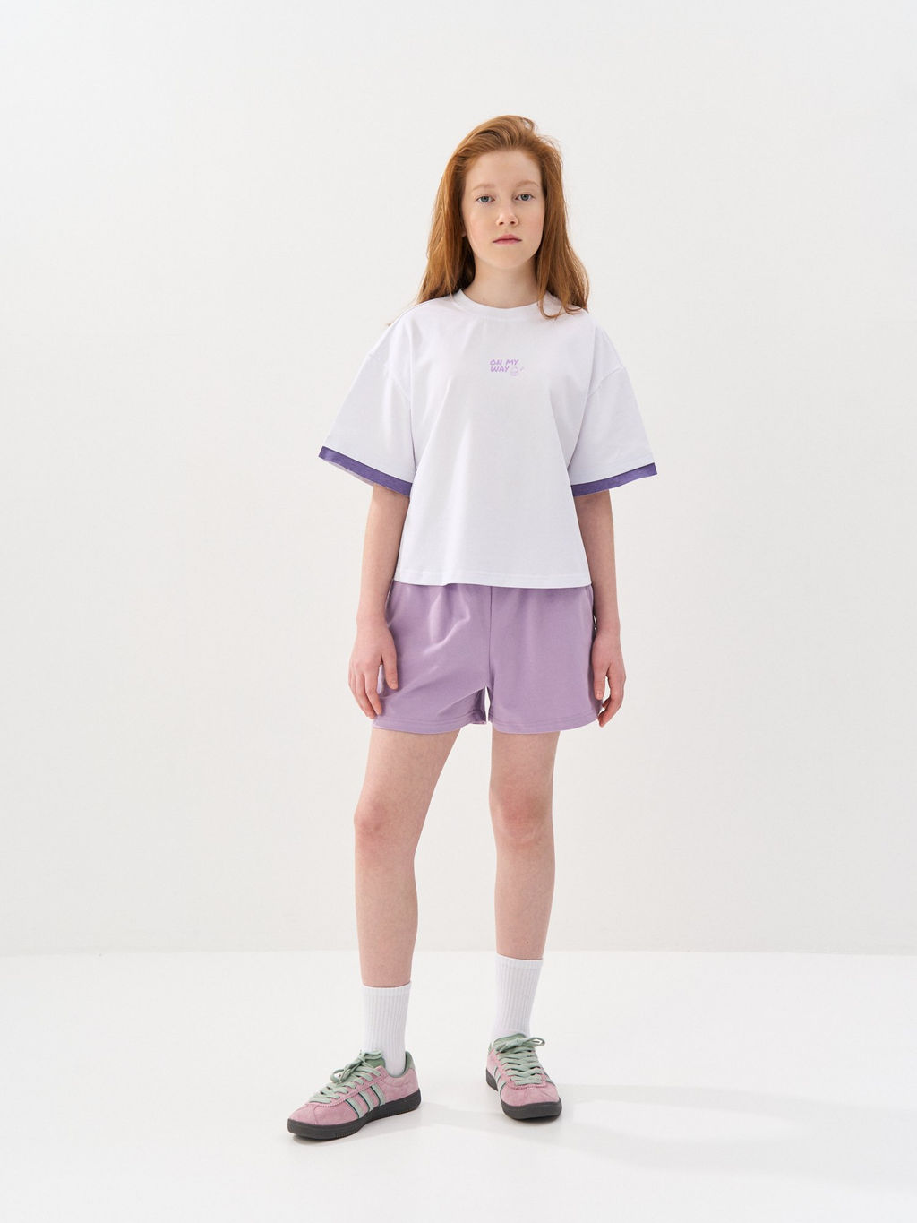 Комплект футболка и шорты "Молоко/Лаванда" с принтом 7+