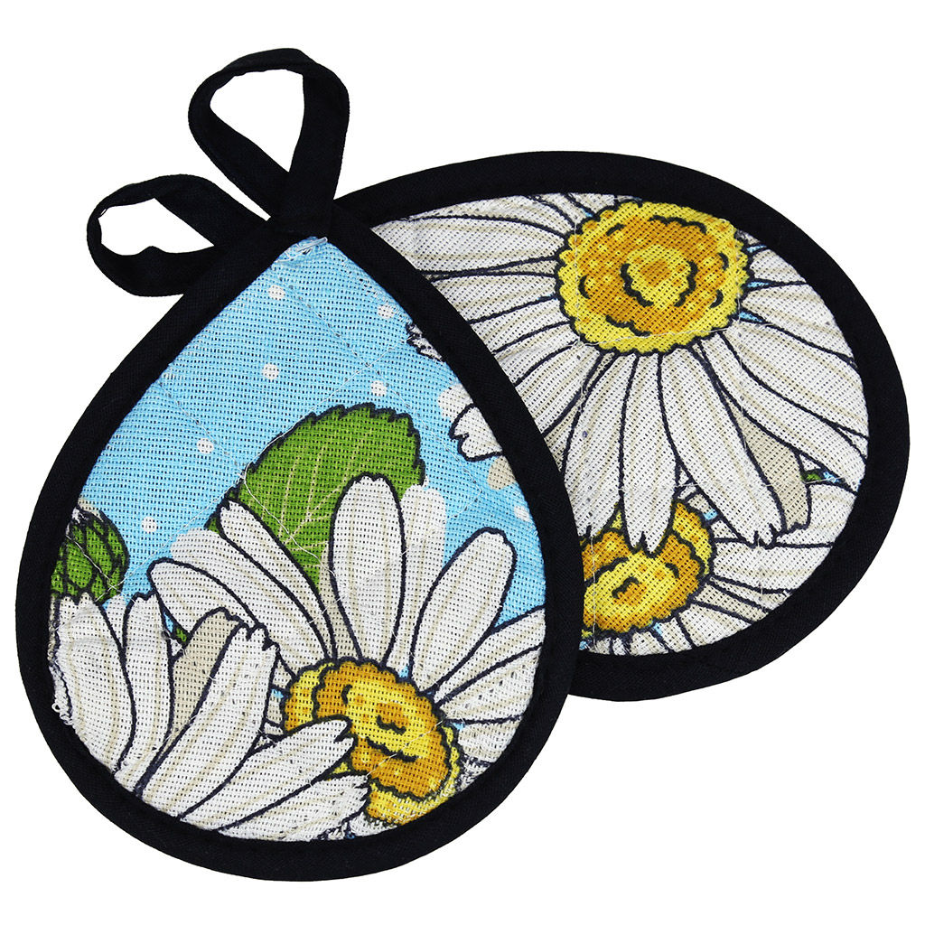 Кухонный комплект Душистая ромашка, вид 4: прихватка 12х18см форма Капелька - 2шт, рогожка 171г/м2, хлопок 100%, наполнитель - ватин 280г/м2, на пластмассовом подвесе, Домашняя мода (Россия)  фото 2