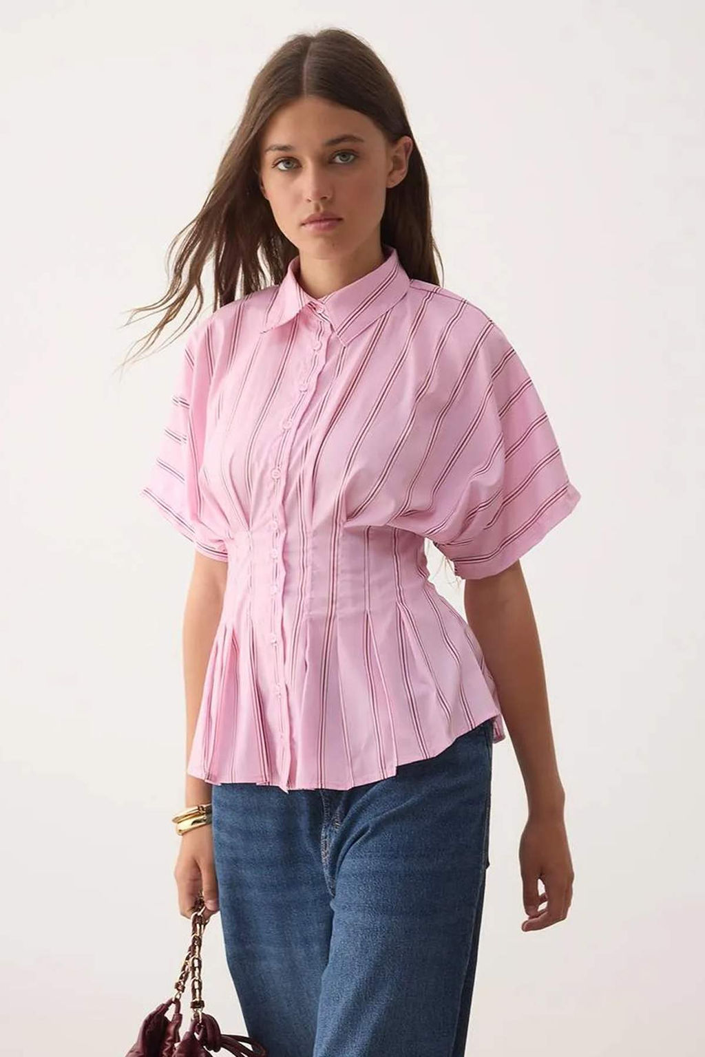 Pembe-Cok Renkli Bele Oturan Cizgili Gomlek TWOAW26GO00030
