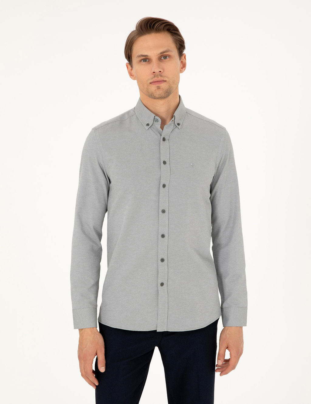 Haki Oxford Slim Fit Uzun Kollu G_mlek