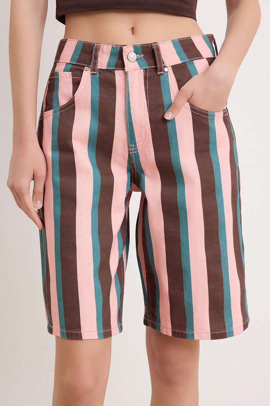 Pembe Kahverengi Cizgili Denim Bermuda TWOSS26SR00257 - Trendyolmilla фото 3